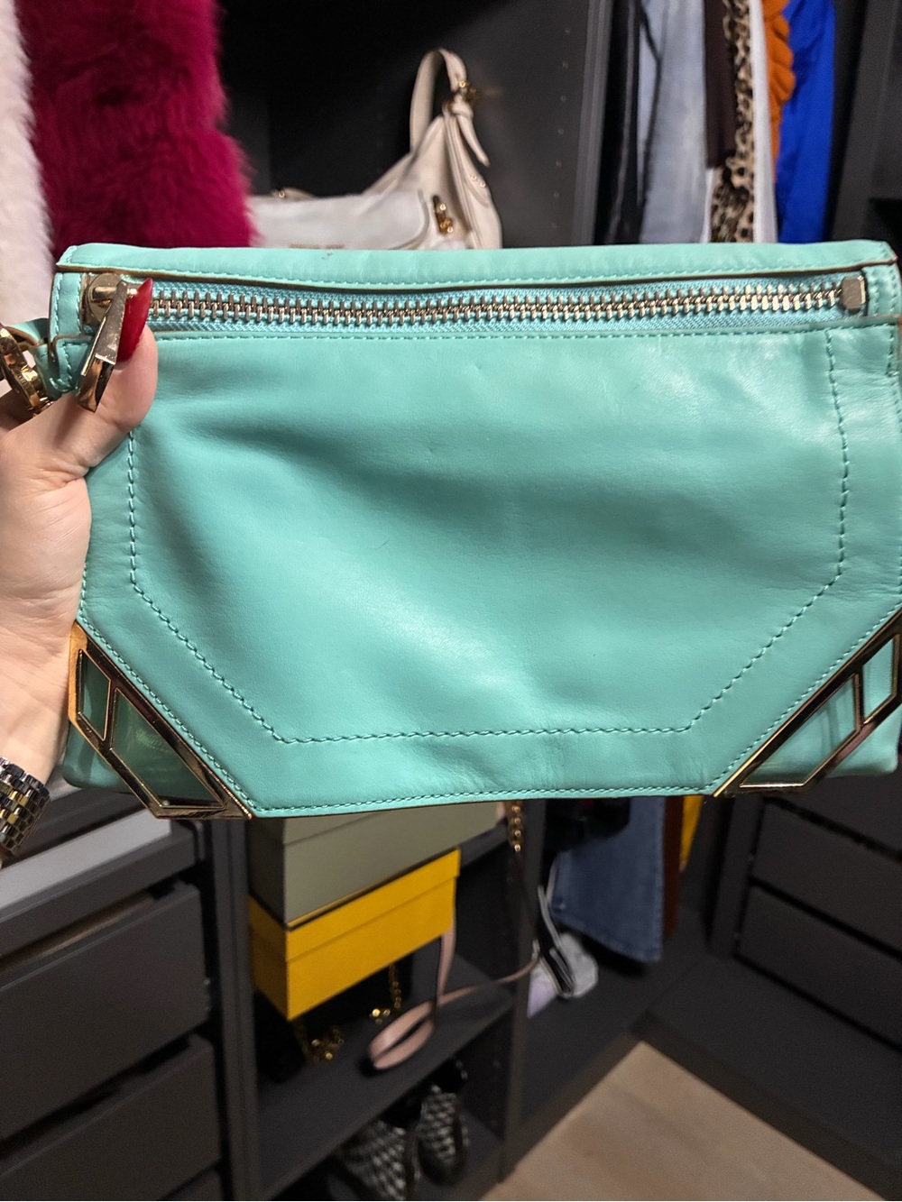 Mint Green Leather Wristlet Clutch with Gold Accents